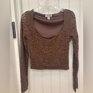 Brown Fitted Crop Blouse with Long Sleeves
